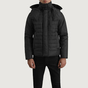 
Szczegółowe zbliżenie of Classic Collar & Zipper With Placket Hardware on Malcolm Czarny Hooded Puffer Kurtka Skórzana Męska