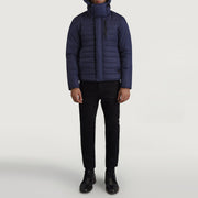 
Malcolm Niebieski Hooded Puffer Kurtka Skórzana Męska - Widok z boku z ergonomicznym krojem rękawa