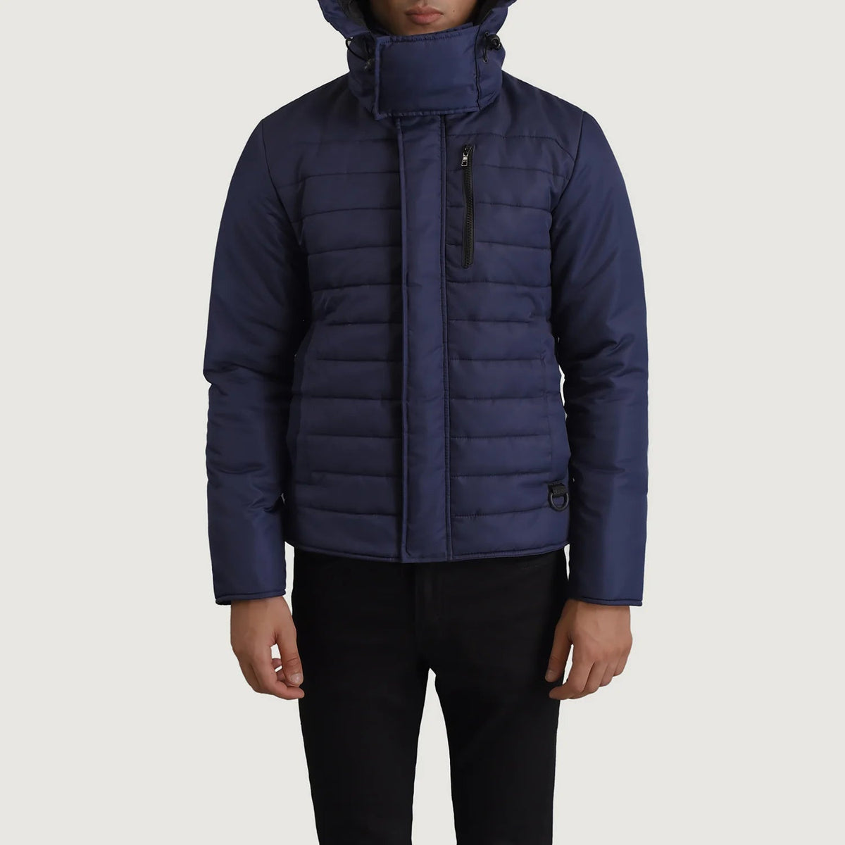 
Szczegółowe zbliżenie of Classic Collar & Zipper With Placket Hardware on Malcolm Niebieski Hooded Puffer Kurtka Skórzana Męska