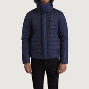 
Szczegółowe zbliżenie of Classic Collar & Zipper With Placket Hardware on Malcolm Niebieski Hooded Puffer Kurtka Skórzana Męska