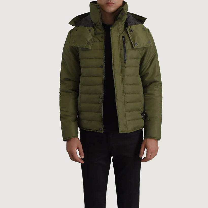 Malcolm Oliwkowy Hooded Puffer Kurtka Skórzana Męska