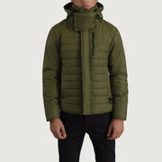 
Malcolm Oliwkowy Hooded Puffer Kurtka Skórzana Męska - Widok z boku z ergonomicznym krojem rękawa