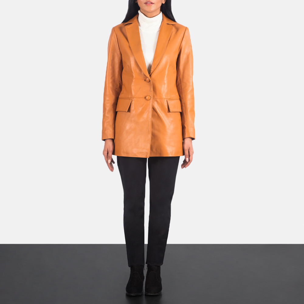 Women's Marilyn Tan Brown Leather Blazer - Lateral Side Profile View Showing Sleeve Cut &amp; Athletic Taper Fit