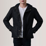 Marlo Czarna Canvas Hooded Work Kurtka Skórzana Męska For Men in Black Waxed Cotton Canvas - Front Profile View &amp; Tailored Silhouette | Buy Online