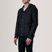 Marlo Czarna Canvas Hooded Work Kurtka Skórzana Męska For Men - Lateral Side Profile View Showing Sleeve Cut &amp; Athletic Taper Fit