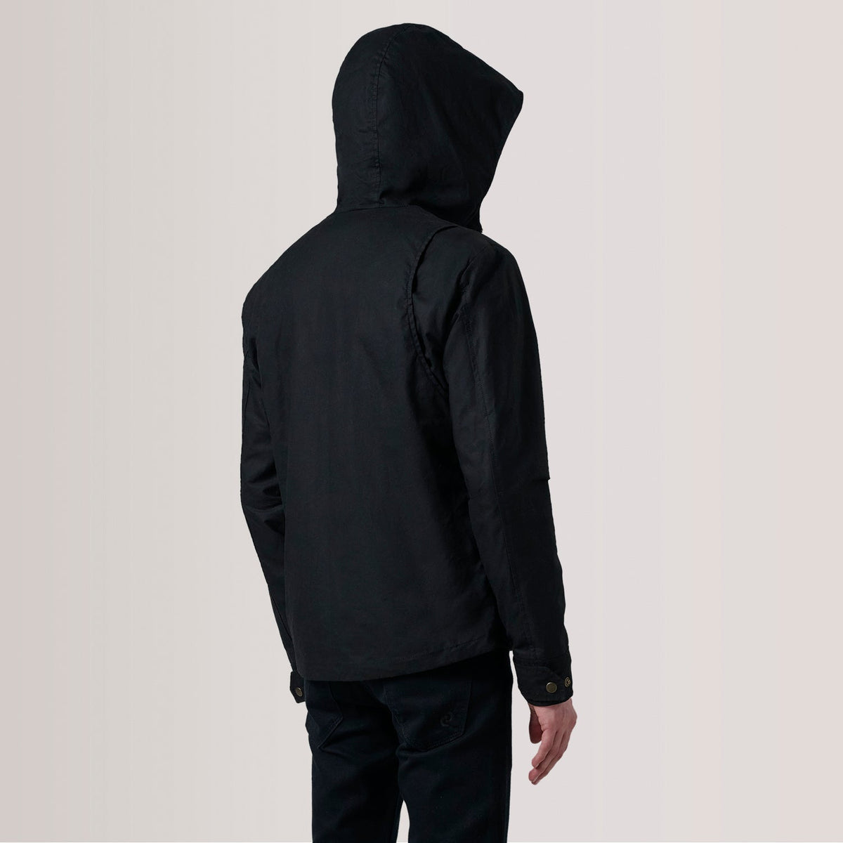 Close-Up Detail of Hooded &amp; Zipper with placket Hardware on Marlo Czarna Canvas Hooded Work Kurtka Skórzana Męska For Men