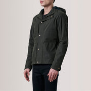 Marlo Olive Canvas Hooded Work Kurtka Skórzana Męska For Men - Lateral Side Profile View Showing Sleeve Cut &amp; Athletic Taper Fit