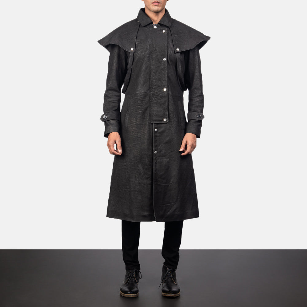 
Maverick Czarny Leather Duster Męska in Distressed Black Sheepskin Snuffed - Widok z przodu i dopasowana sylwetka | Kup online w oficjalnym sklepie