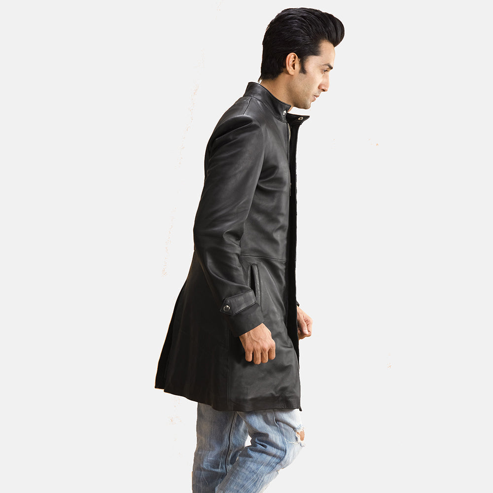 Black Sheepskin leather Coat - Back View Showing Tailored Shoulder Fit &amp; Clean Hemline