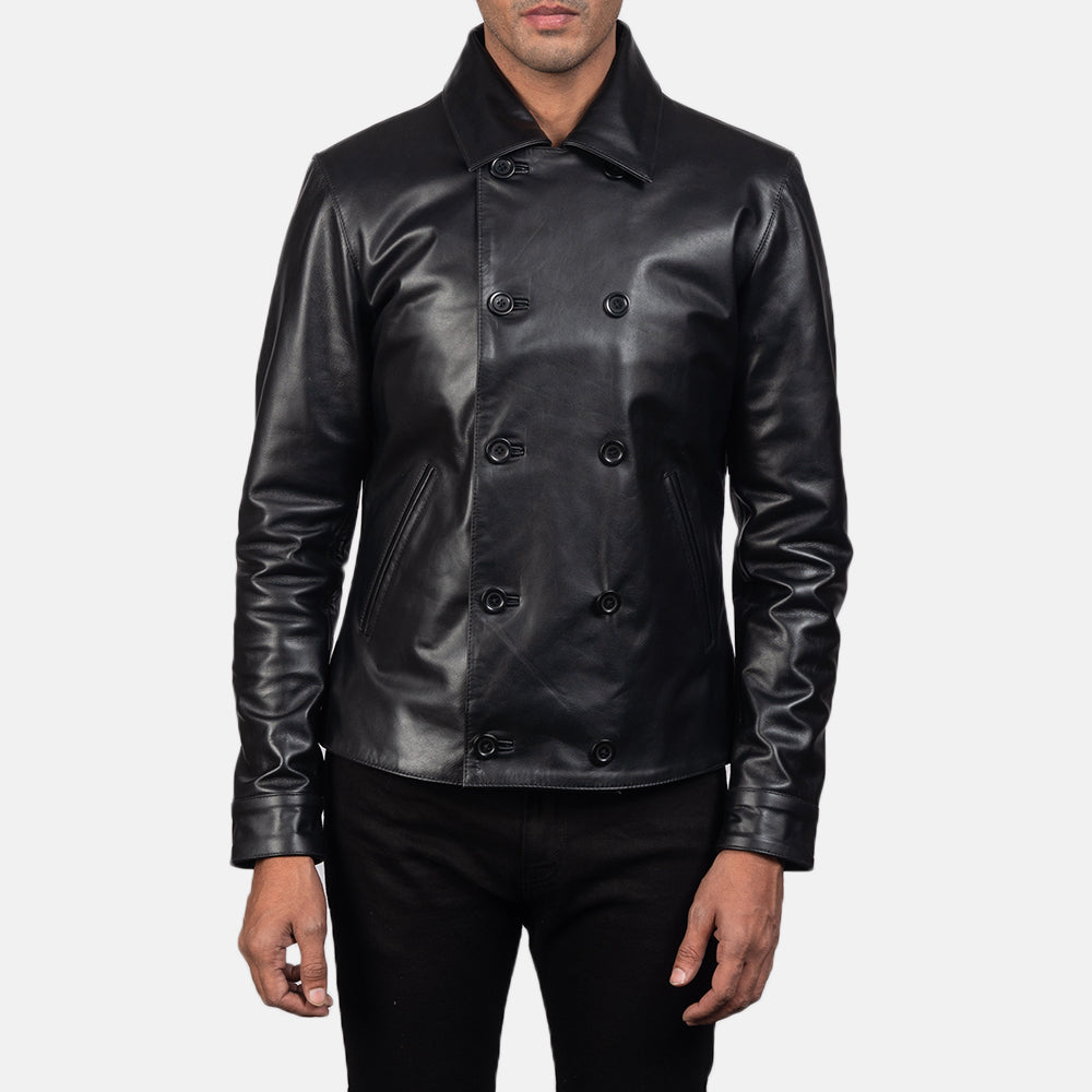 Mod Czarna Leather Peacoat Męska in Black Cowhide Leather - Front Profile View &amp; Tailored Silhouette | Buy Online