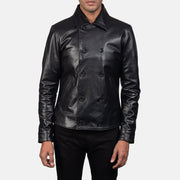 Mod Czarna Leather Peacoat Męska in Black Cowhide Leather - Front Profile View &amp; Tailored Silhouette | Buy Online