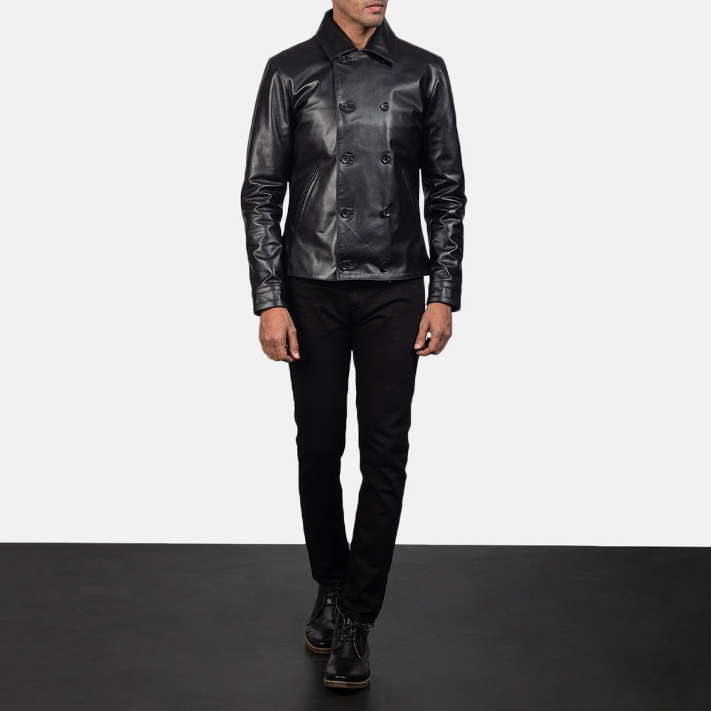 Mod Czarna Leather Peacoat Męska - Lateral Side Profile View Showing Sleeve Cut &amp; Athletic Taper Fit