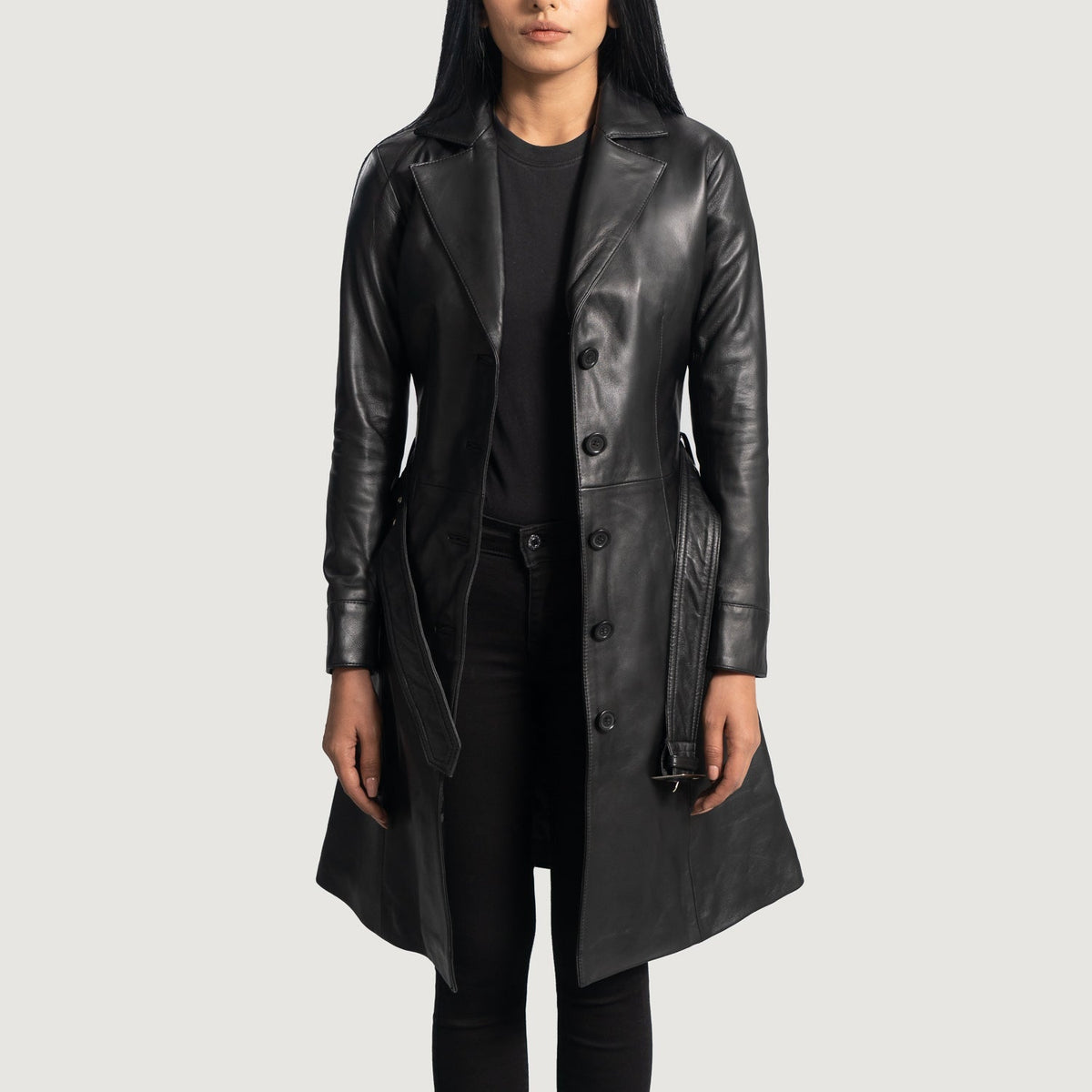 Women's Moonlight Czarna Skórzany Trencz Damska in Black Sheepskin Leather - Front Profile View &amp; Tailored Silhouette | Buy Online