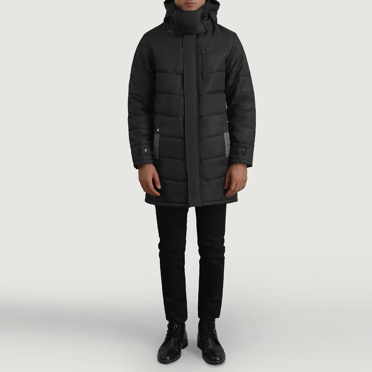 
Moore Czarny Hooded Parka Męska - Widok z boku z ergonomicznym krojem rękawa