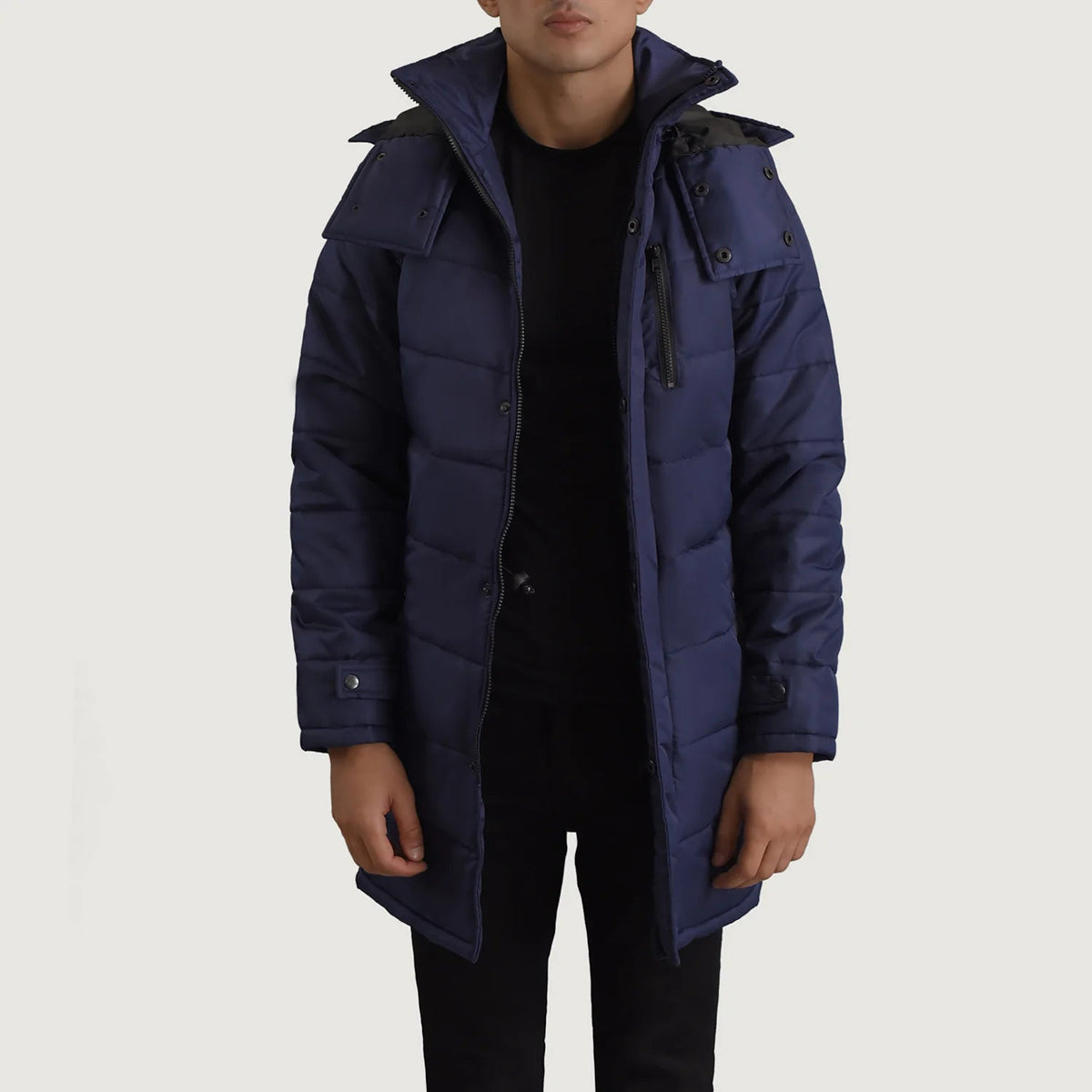 
Moore Niebieski Hooded Parka Męska in Blue Full-Grain Leather - Widok z przodu i dopasowana sylwetka | Kup online w oficjalnym sklepie