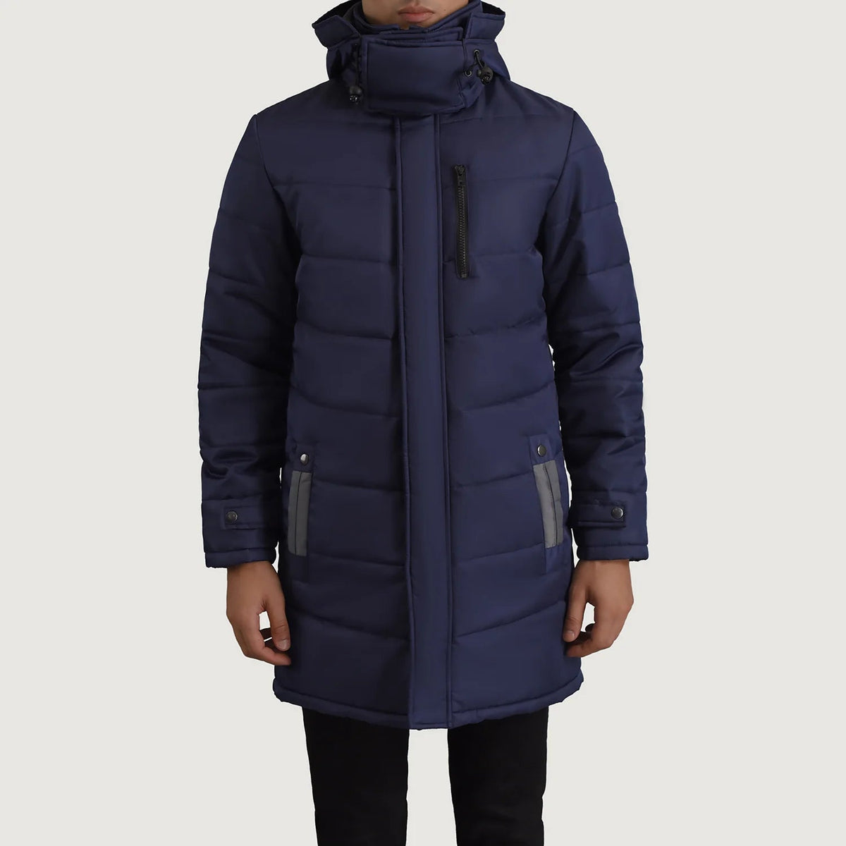 
Szczegółowe zbliżenie of Classic Collar & Zipper With Snap Button Placket Hardware on Moore Niebieski Hooded Parka Męska