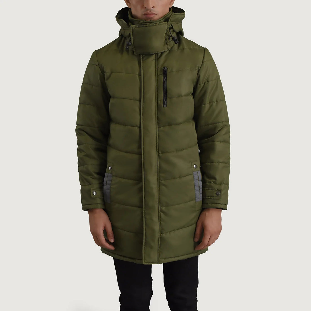 
Szczegółowe zbliżenie of Classic Collar & Zipper With Snap Button Placket Hardware on Moore Oliwkowy Hooded Parka Męska