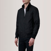 Morrison Czarna Canvas Skórzana Kurtka Bomberka Męska For Men - Lateral Side Profile View Showing Sleeve Cut &amp; Athletic Taper Fit
