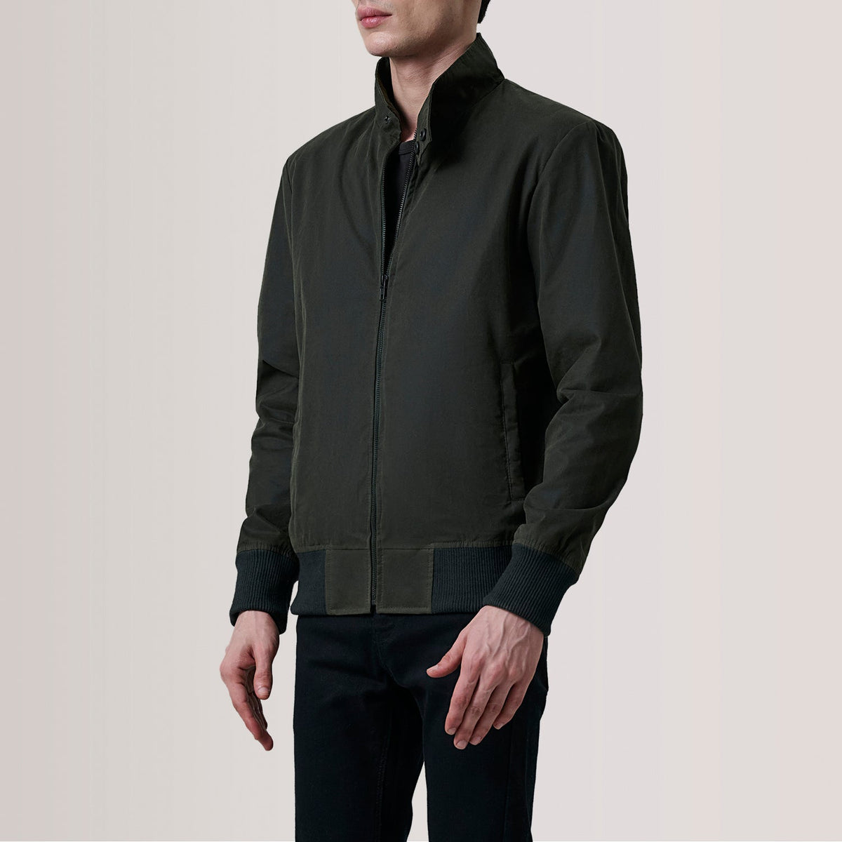 Morrison Olive Canvas Skórzana Kurtka Bomberka Męska For Men - Lateral Side Profile View Showing Sleeve Cut &amp; Athletic Taper Fit