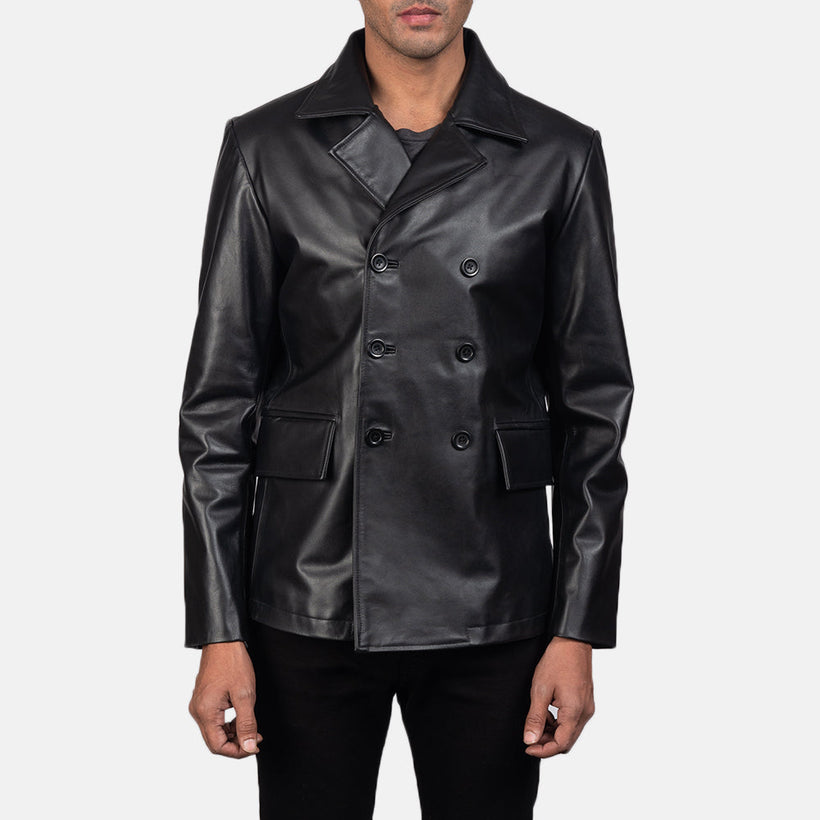 Mr. Bailey Czarna Leather Naval Peacoat Męska