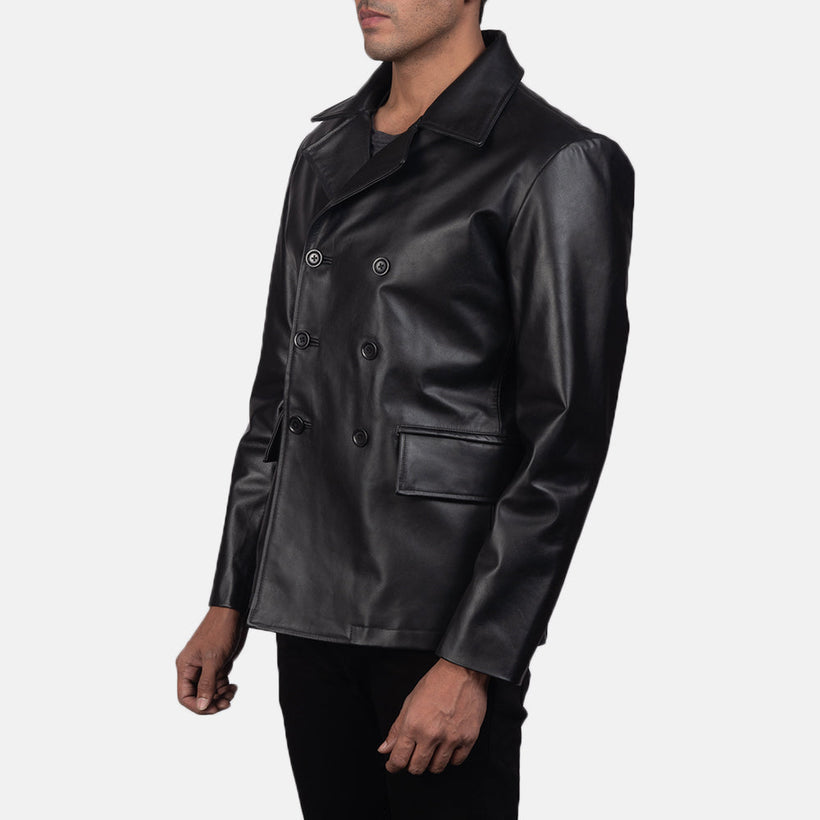 Mr. Bailey Czarna Leather Naval Peacoat Męska