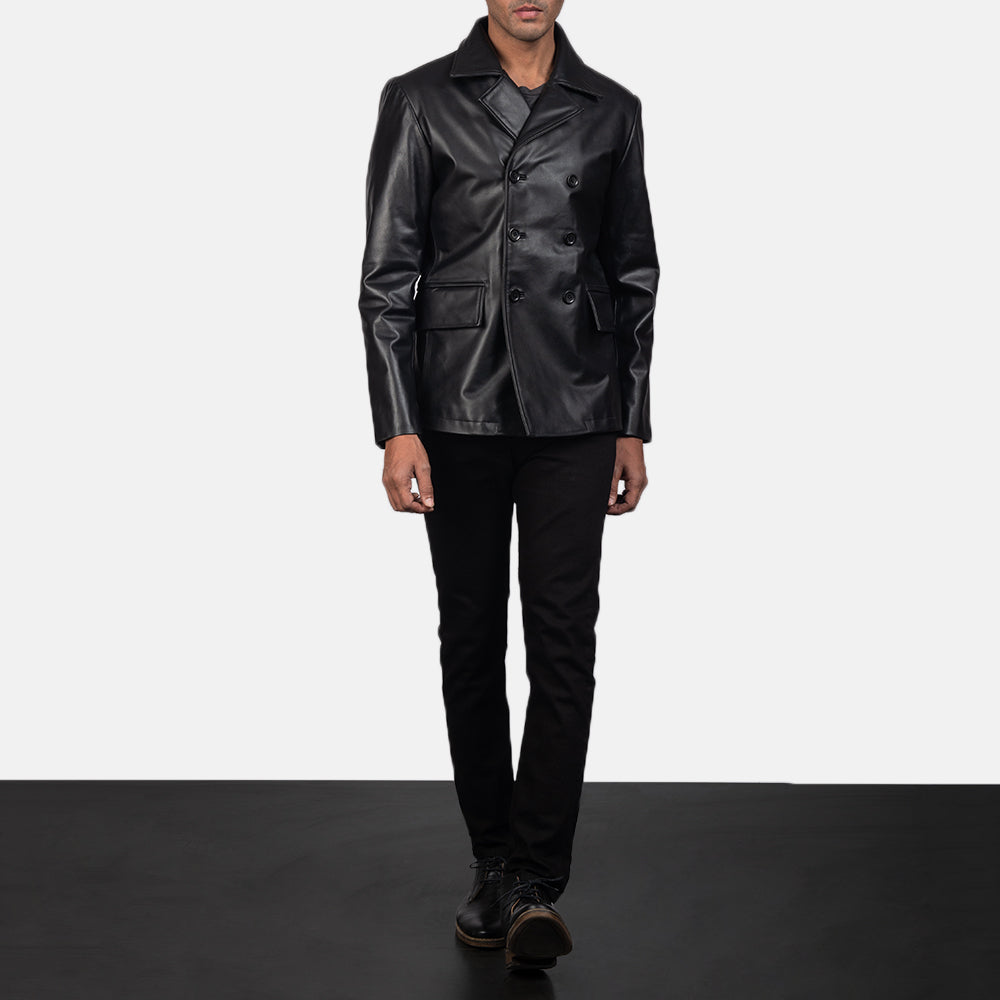 Men's Mr. Bailey Czarna Leather Naval Peacoat Męska - Lateral Side Profile View Showing Sleeve Cut &amp; Athletic Taper Fit