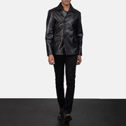 Men's Mr. Bailey Czarna Leather Naval Peacoat Męska - Lateral Side Profile View Showing Sleeve Cut &amp; Athletic Taper Fit