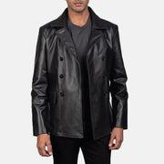 Close-Up Detail of Notch &amp; Buttons Hardware on Men's Mr. Bailey Czarna Leather Naval Peacoat Męska
