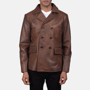 Mr. Bailey Brązowa Leather Naval Peacoat Męska in Brown Cowhide Leather - Front Profile View &amp; Tailored Silhouette | Buy Online