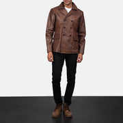 Mr. Bailey Brązowa Leather Naval Peacoat Męska - Lateral Side Profile View Showing Sleeve Cut &amp; Athletic Taper Fit