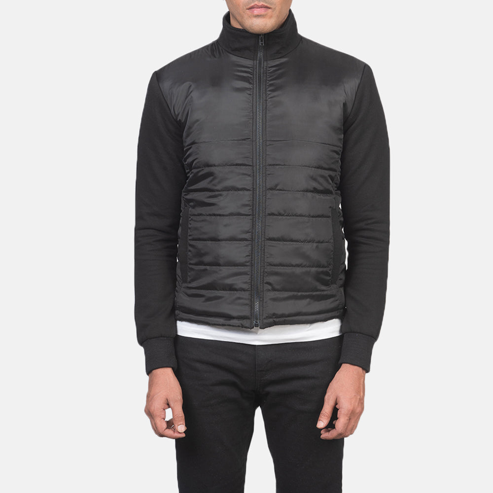 
Szczegółowe zbliżenie of High Neck & Zipper with wind flap Hardware on Nashville Pikowana Czarny Windbreaker Kurtka Skórzana Męska