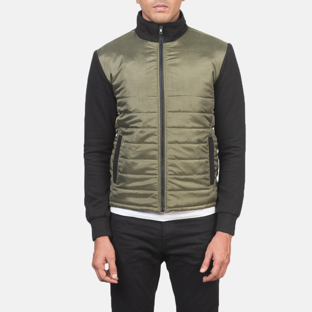 
Szczegółowe zbliżenie of High Neck & Zipper with wind flap Hardware on Nashville Pikowana Oliwkowy Windbreaker Kurtka Skórzana Męska