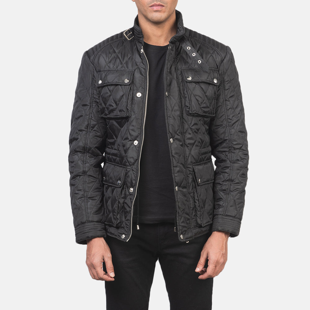 Men's Nelson Quilted Czarna Windbreaker Kurtka Skórzana Męska in Black Polyester - Front Profile View &amp; Tailored Silhouette | Buy Online
