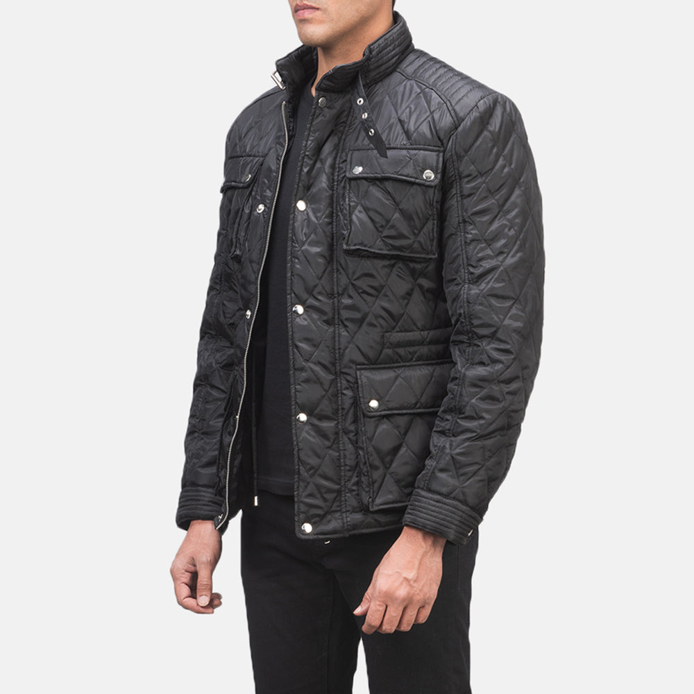 Black Polyester Winter Jacket - Back View Showing Tailored Shoulder Fit &amp; Clean Hemline