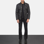 Men's Nelson Quilted Czarna Windbreaker Kurtka Skórzana Męska - Lateral Side Profile View Showing Sleeve Cut &amp; Athletic Taper Fit