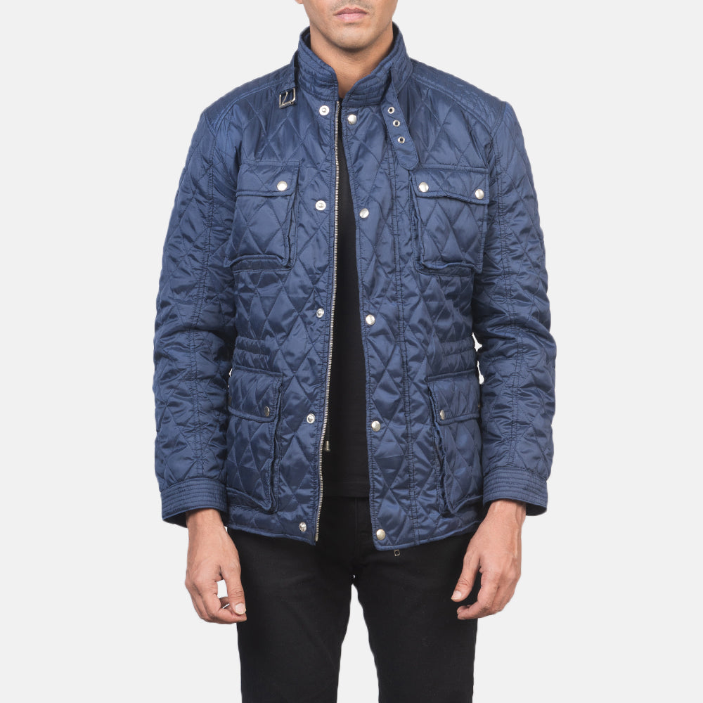 Men's Nelson Pikowana Niebieska Windbreaker Kurtka Skórzana Męska in Blue Nylon - Front Profile View &amp; Tailored Silhouette | Buy Online