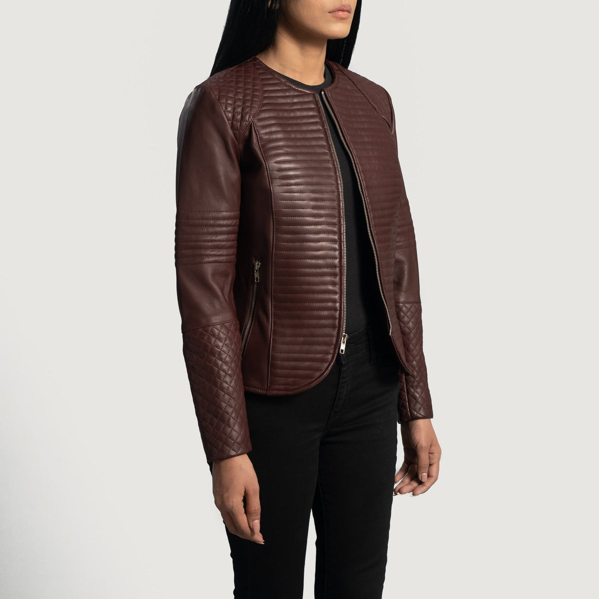 Maroon Sheepskin Leather Biker Jacket - Back View Showing Tailored Shoulder Fit &amp; Clean Hemline