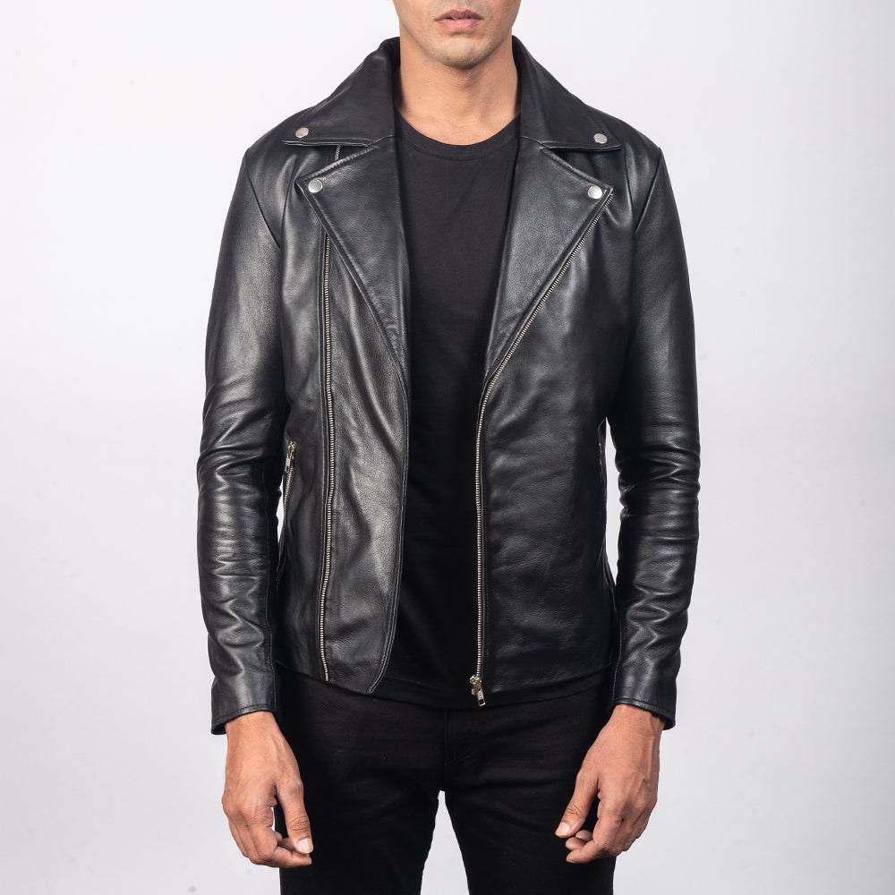 Men's Noah Black Leather Biker Jacket in Black Sheepskin Leather - Front Profile View &amp; Tailored Silhouette | Buy Online