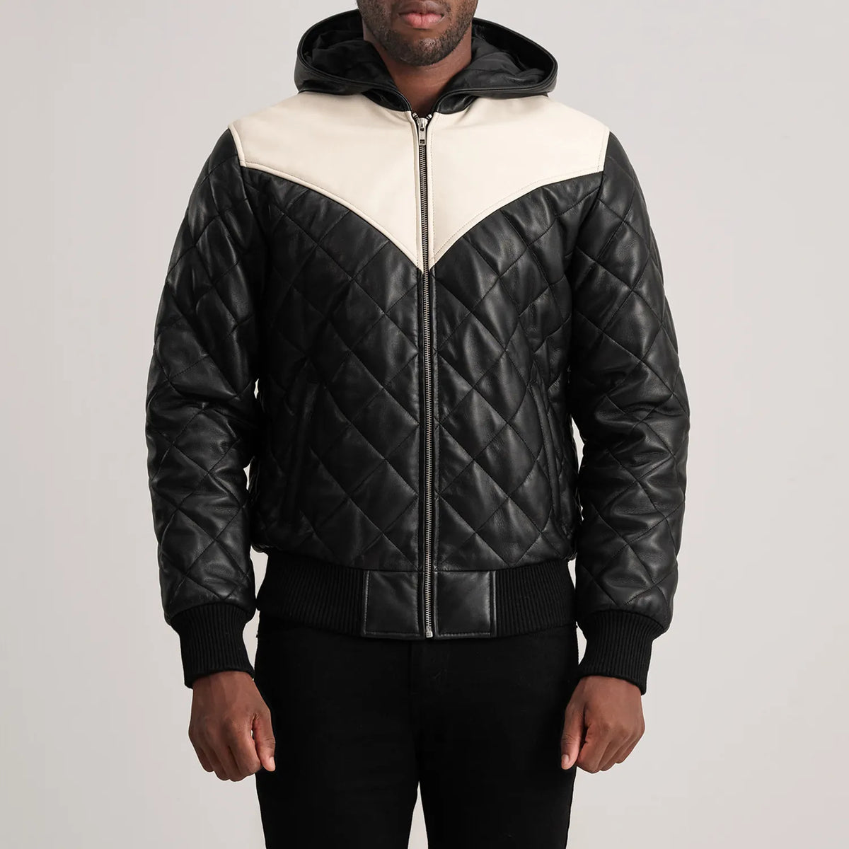 
Szczegółowe zbliżenie of Hooded & Zipper Hardware on Norman Tan Hooded Bomber Leather Puffer Jacket