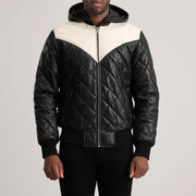 
Szczegółowe zbliżenie of Hooded & Zipper Hardware on Norman Tan Hooded Bomber Leather Puffer Jacket
