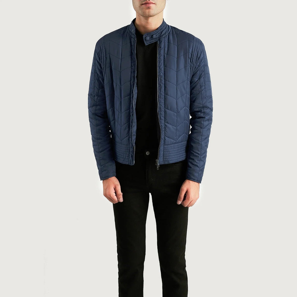 Men's Nyle Pikowana Windbreaker Kurtka Skórzana Męska in Navy Blue Nylon - Front Profile View &amp; Tailored Silhouette | Buy Online
