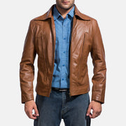 Old School Brązowa Kurtka Skórzana Męska in Brown Sheepskin Leather - Front Profile View &amp; Tailored Silhouette | Buy Online
