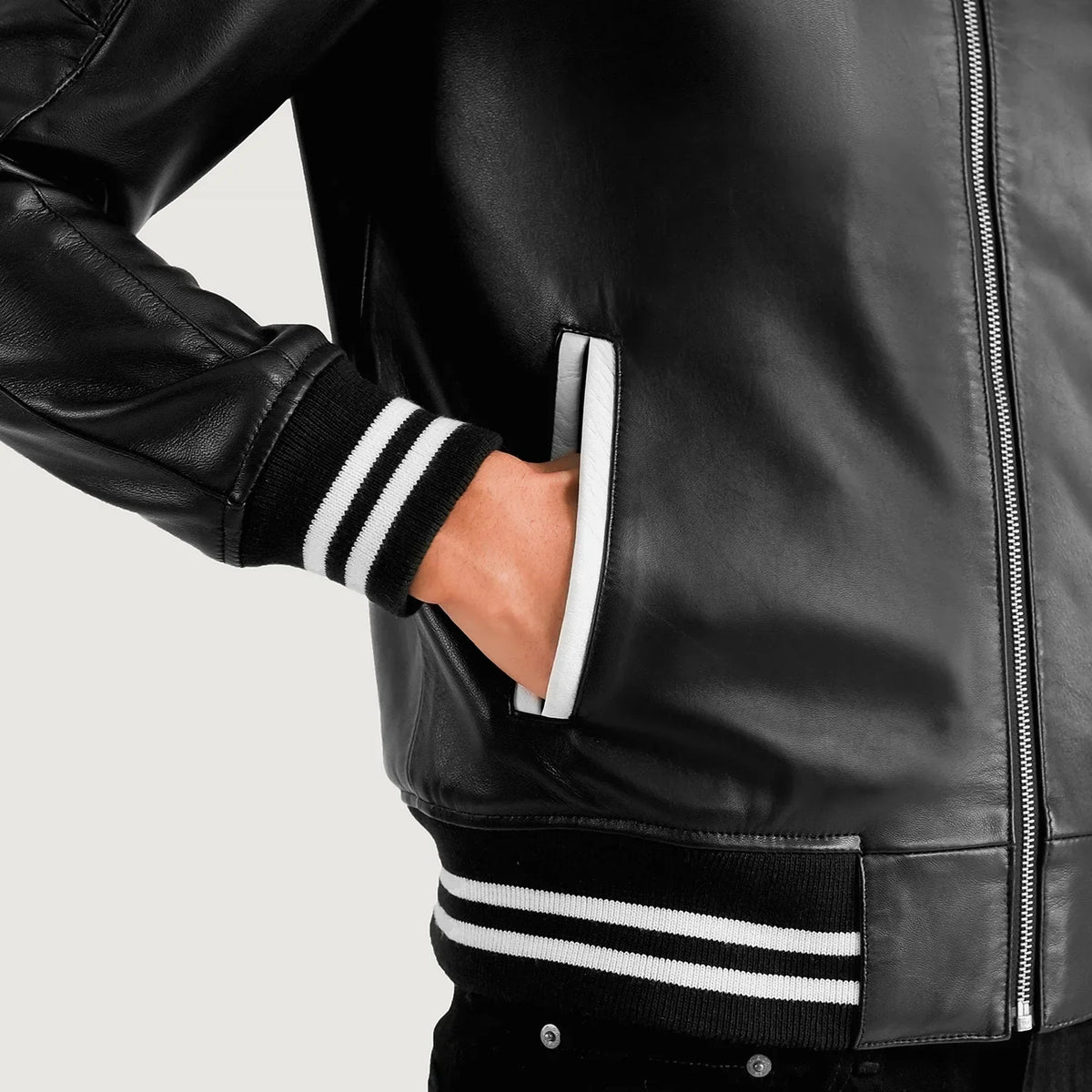 Pascal Czarna Leather Varsity Kurtka Skórzana Męska - Lateral Side Profile View Showing Sleeve Cut &amp; Athletic Taper Fit