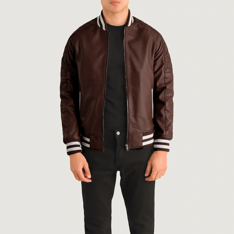 Pascal Maroon Leather Varsity Kurtka Skórzana Męska