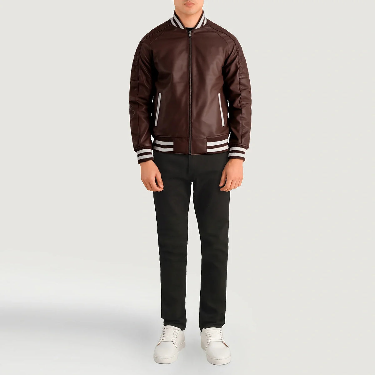 Pascal Maroon Leather Varsity Kurtka Skórzana Męska - Lateral Side Profile View Showing Sleeve Cut &amp; Athletic Taper Fit