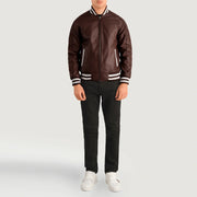 Pascal Maroon Leather Varsity Kurtka Skórzana Męska - Lateral Side Profile View Showing Sleeve Cut &amp; Athletic Taper Fit