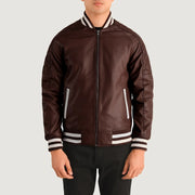 Close-Up Detail of Varsity collar &amp; Zipper Hardware on Pascal Maroon Leather Varsity Kurtka Skórzana Męska