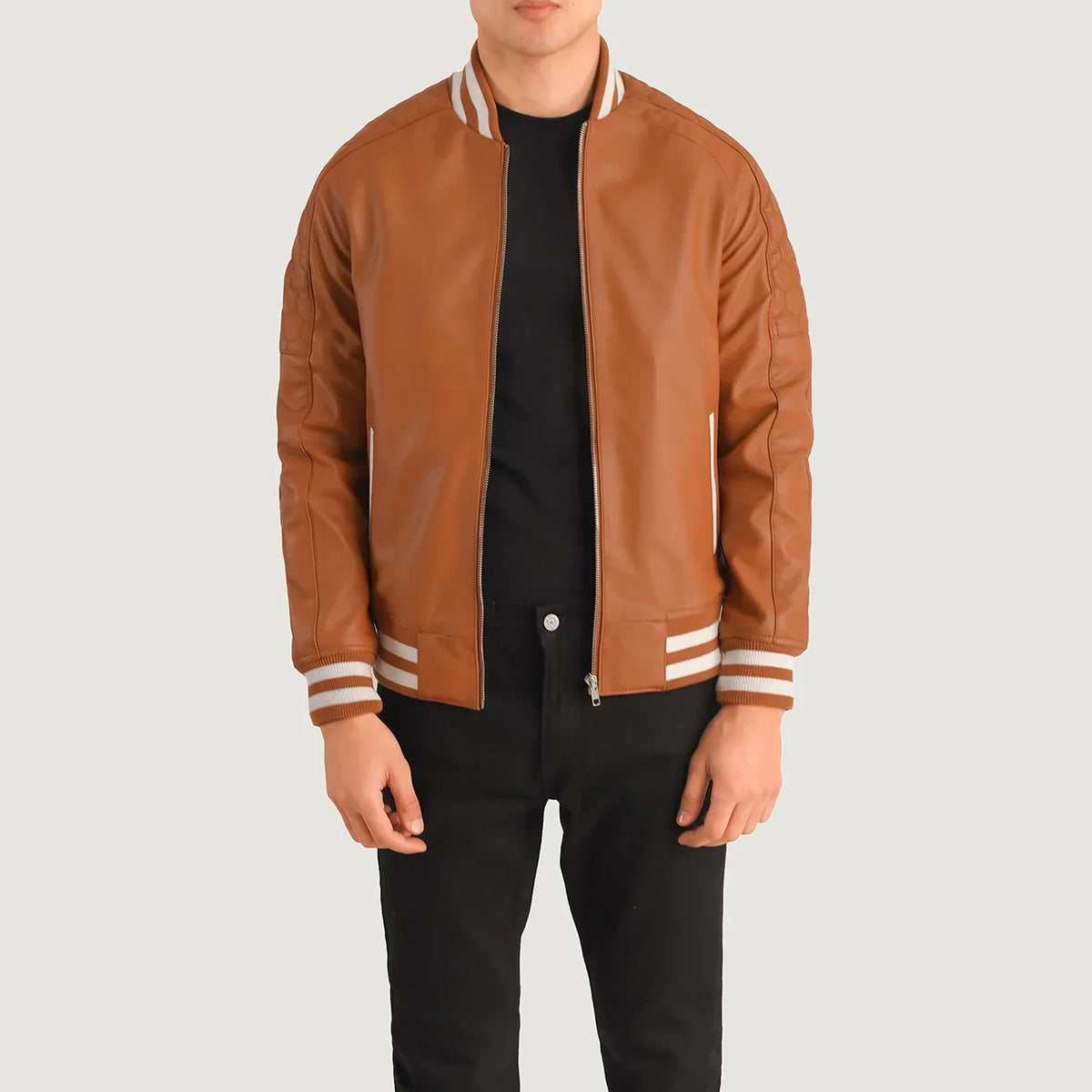 Pascal Jasnobrązowa Brązowa Leather Varsity Kurtka Skórzana Męska in Tan Brown Sheepskin Leather - Front Profile View &amp; Tailored Silhouette | Buy Online