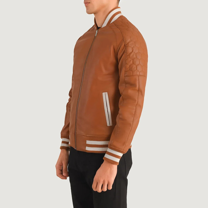 Pascal Jasnobrązowa Brązowa Leather Varsity Kurtka Skórzana Męska