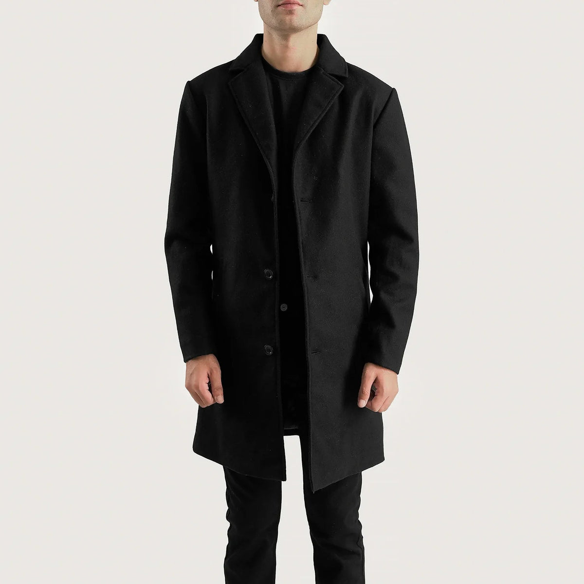 Petrillo Czarna Wool Single Breasted Skórzany Płaszcz Męska in Black Synthetic Wool - Front Profile View &amp; Tailored Silhouette | Buy Online
